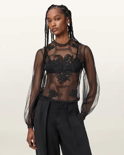 Allsaints Cesca Sheer Embroidered Top In Black