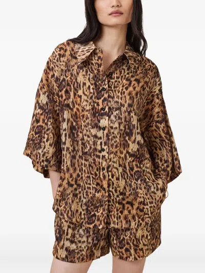 Allsaints Womens Evia Golden Br Charli Leopard-print Linen-blend Shirt In Brown