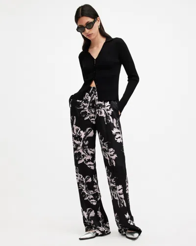 Allsaints Charli Silk Blend Wide Leg Floral Pants In Monica Black