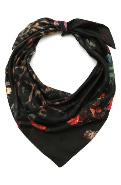 Allsaints Charm Jinx Mix Square Scarf In Black/animal Print