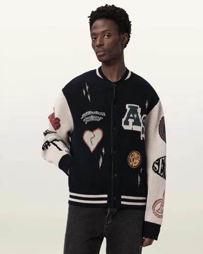 Allsaints Chase Intarsia-knit Distressed Cardigan In Black