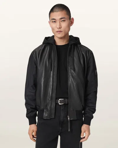 Allsaints Chase Zip Through Hooded Leather Jacket In Black