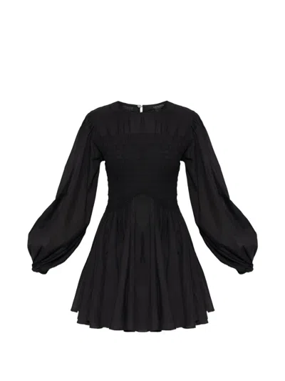 Allsaints Chia Smocked Puff-sleeve Cotton Mini Dress In Black