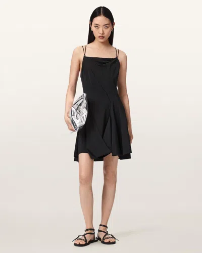 Allsaints Claire Asymmetrical Draped Mini Dress In Black