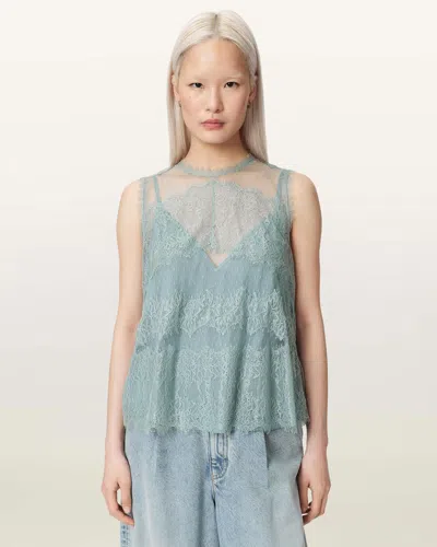 Allsaints Clara Lace Mesh Sleeveless Top In Green