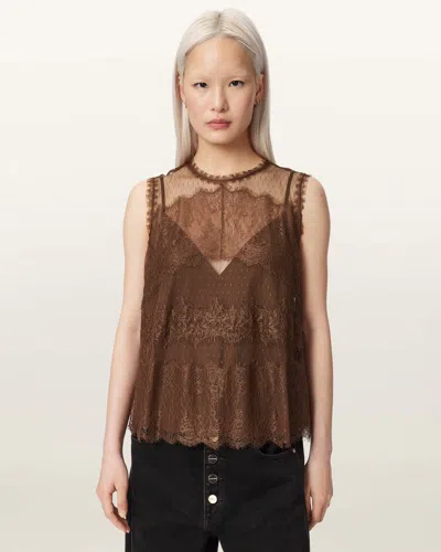 Allsaints Clara Lace Mesh Sleeveless Top In Brown