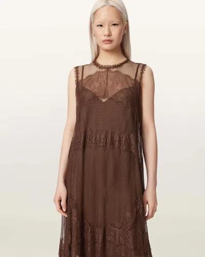 Allsaints Clara Sheer Lace Sleeveless Handkerchief Hem Dress In Brown