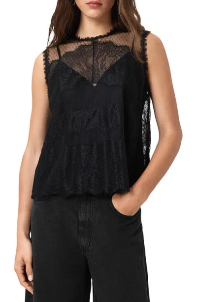 Allsaints Womens Black Clara Lace-embroidered Scalloped-hem Woven Top
