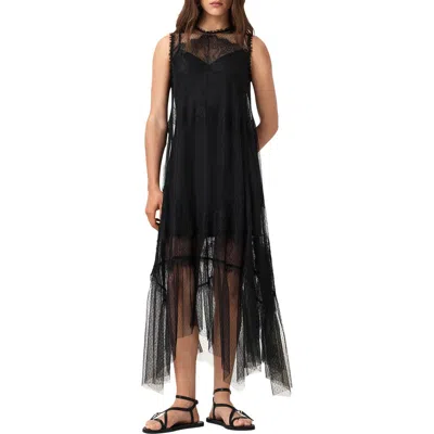 Allsaints Clara Sheer Lace Sleeveless Handkerchief Hem Dress In Black