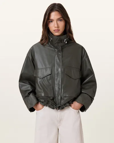 Allsaints Clay Funnel Neck Cropped Leather Jacket In Military Green