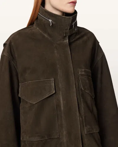 Allsaints Clay Funnel Neck Suede Cropped Jacket In Brown
