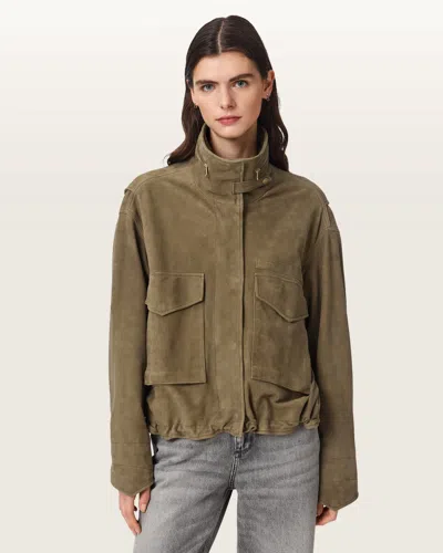 Allsaints Clay Funnel Neck Suede Cropped Jacket In Gray