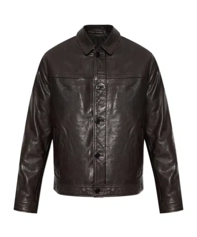 Allsaints Collared Long-sleeved Leather Jacket In Black