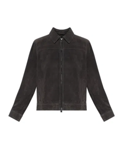 Allsaints Collared Long-sleeved Leather Jacket In Black