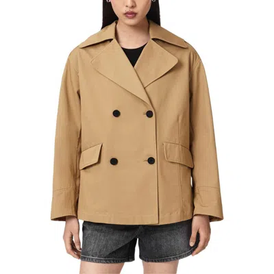 Allsaints Connie Back Ruffle Short Cotton Trench Coat In Brown
