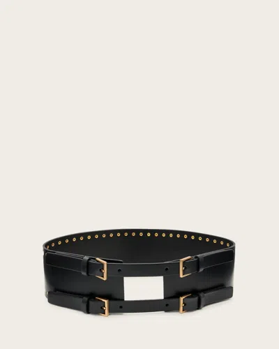 Allsaints Cora Leather Waist Belt In Black/warm Brass