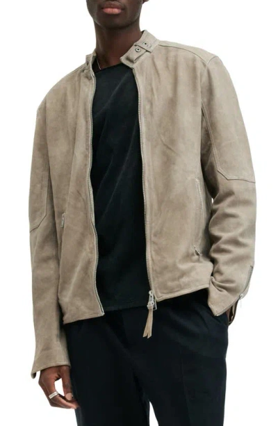 Allsaints Cora Suede Snap Back Collar Jacket In Frosted Taupe