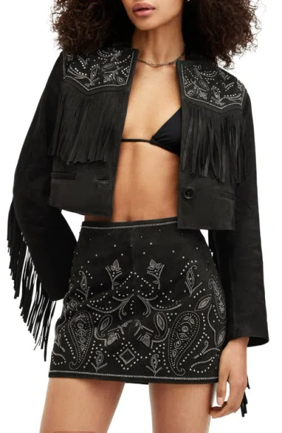 Allsaints Corinna Embellished Fringe Suede Crop Jacket In Black