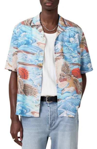 Allsaints Corsican Short Sleeve Camp Shirt In Willow Blue
