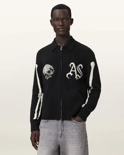 Allsaints Cotton Adrian Zip Up Embroided Knitted Cardigan In Black
