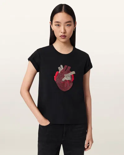 Allsaints Andrea Anna Embellished Beaded Heart T-shirt In Black