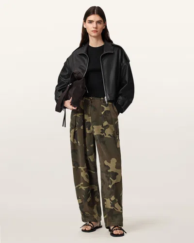 Allsaints Cotton Becca Camo Denim Barrel Leg Trousers In Multi