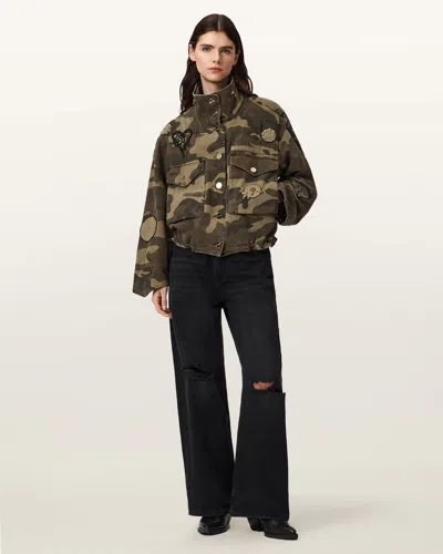 Allsaints Patch Detail Camo Print Cotton Jacket In Multi