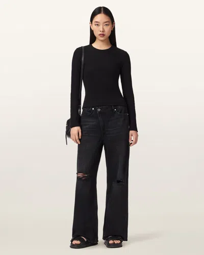 Allsaints Aki Mid Rise Crossover Jeans In Destroy Black In Gray