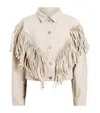 Allsaints Marlene Fringe Trim Denim Jacket In White