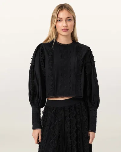 Allsaints Cotton Hart Lace Embroidered Top In Black