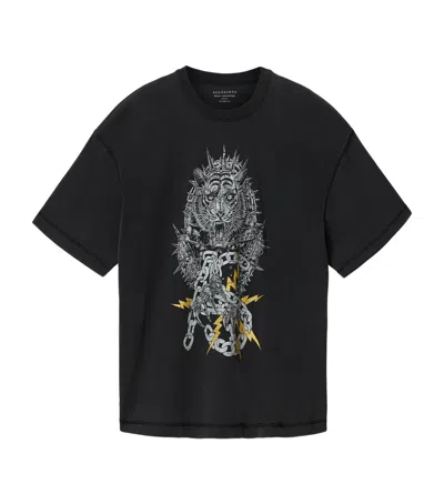 Allsaints Mens Washed Black Iron Tiger Graphic-print Cotton T-shirt Xxl