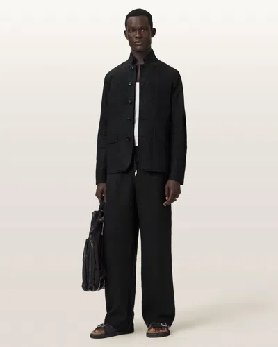 Allsaints Cotton Leat Slim Fit Double Breasted Blazer In Black