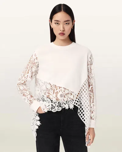 Allsaints Womens White Malorie Panelled Cotton And Lace Top In Neutral