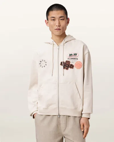 Allsaints Cotton Patcher Zip Up Cotton Hoodie In White