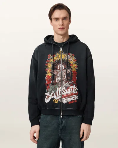 Allsaints Cotton Roque Zip Up Graphic Hoodie In Black