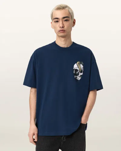 Allsaints Cotton Snakehead Oversized Graphic T-shirt In Blue