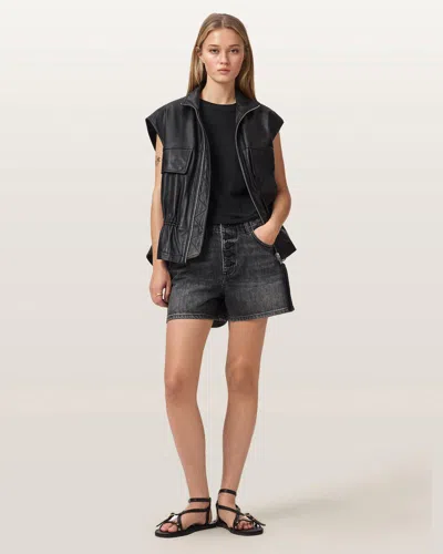 Allsaints Cotton Tay Mid Rise Denim Shorts In Black