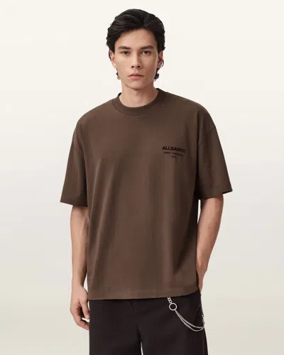 Allsaints Cotton Xander Flocked Logo Oversized T-shirt In Brown