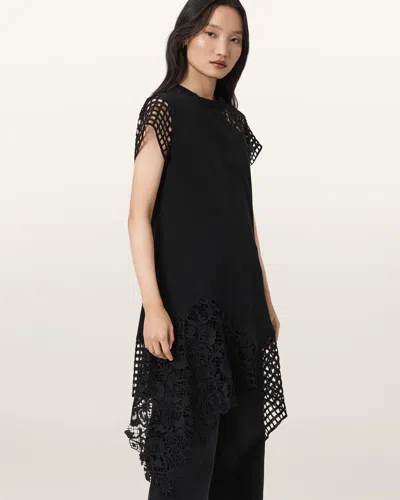 Allsaints Cotton Zala Crochet T-shirt Maxi Dress In Black