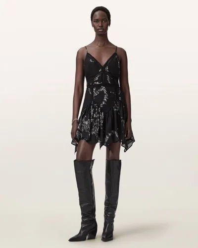 Allsaints Cotton Zia Asymmetric Mini Dress In Black