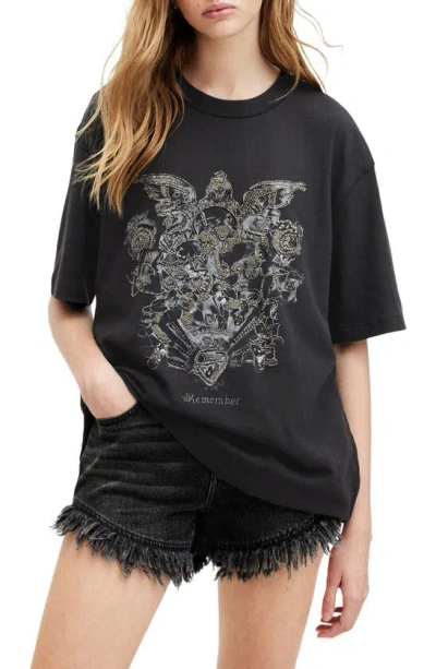 Allsaints Covenant Oversize Embellished Cotton Graphic T-shirt In Washed Black
