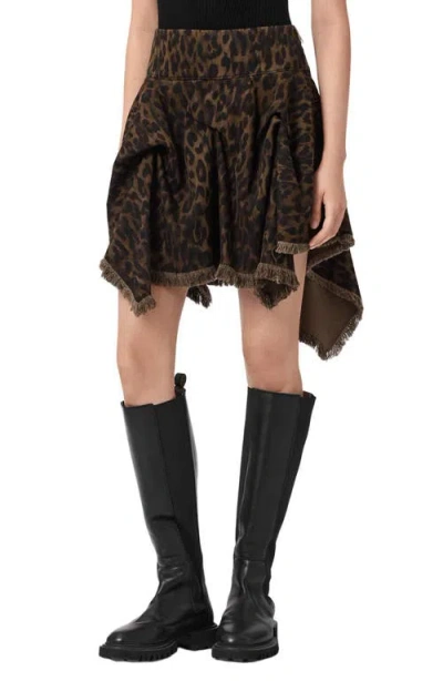 Allsaints Crissy Leopard Print Gathered Denim Skirt In Animal Print