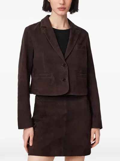 Allsaints Apton Co-ord Suede Leather Cropped Blazer In Brown