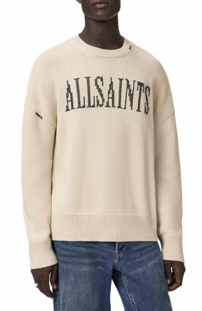 Allsaints Crossed Oversized Crew Neck Embroidered Sweater In White