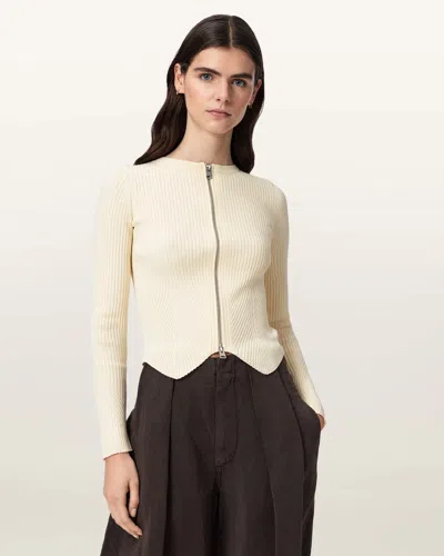 Allsaints Cruz Zip-up Ribbed Cardigan In White