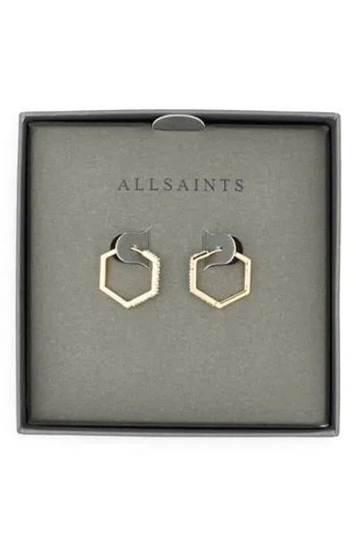 Allsaints Crystal Hexagonal Hoop Earrings In Gold