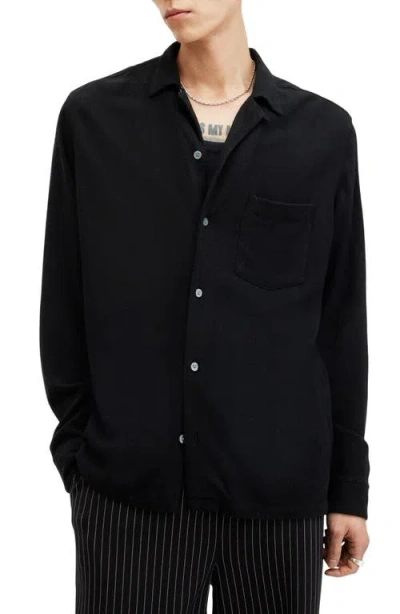 Allsaints Cudi Textured Long Sleeve Camp Shirt In Black