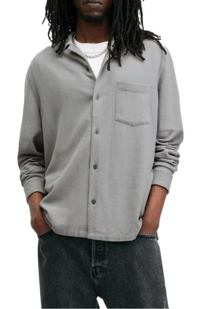 Allsaints Cudi Textured Long Sleeve Camp Shirt In Radio Grey