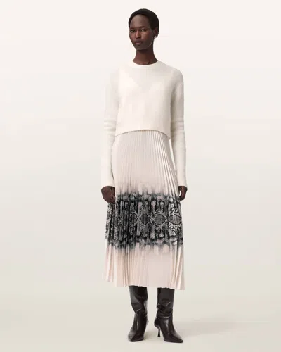 Allsaints Womens Curtis Ophis Two-in-one Snake Print Stretch-woven Midi Dress Chalk White In Neutral