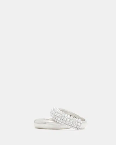 Allsaints Cydney Pearl Embellished Ring Set In Warm Silver/white